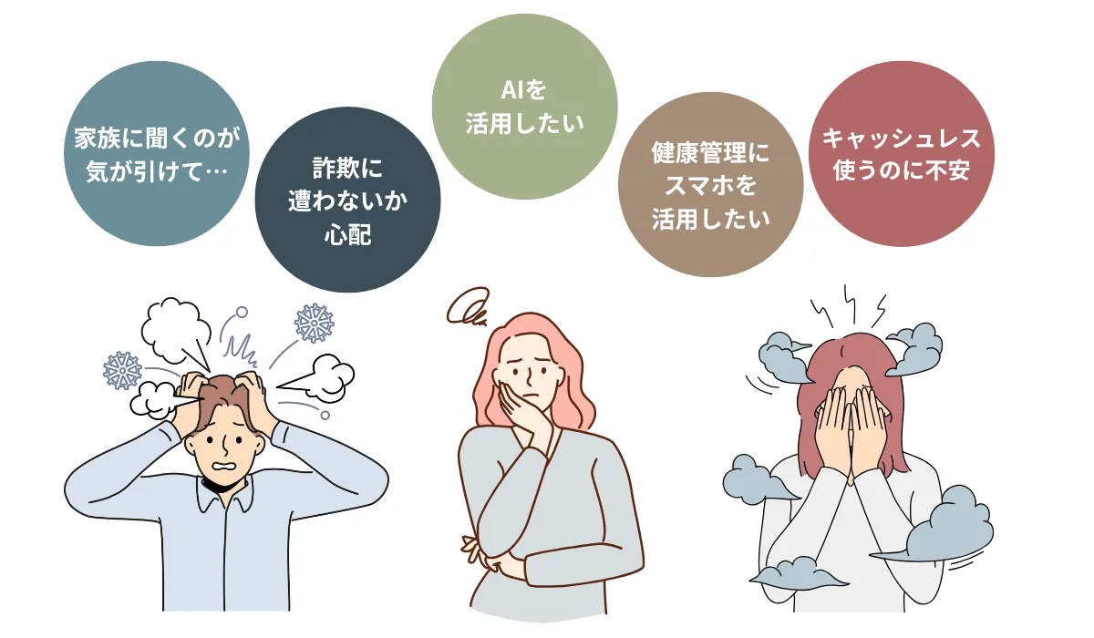 スマホについてのお悩みを抱える人々のイラスト